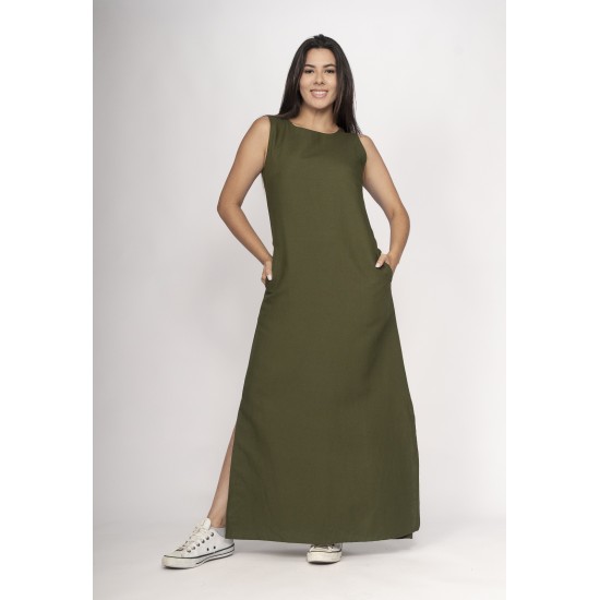 Vestido Longo Linho com Viscose com Bolso Verde