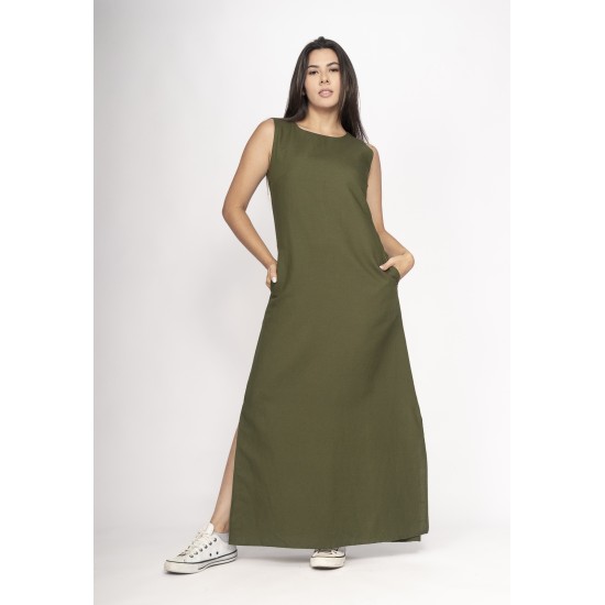 Vestido Longo Linho com Viscose com Bolso Verde