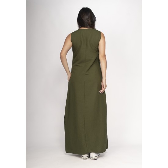 Vestido Longo Linho com Viscose com Bolso Verde