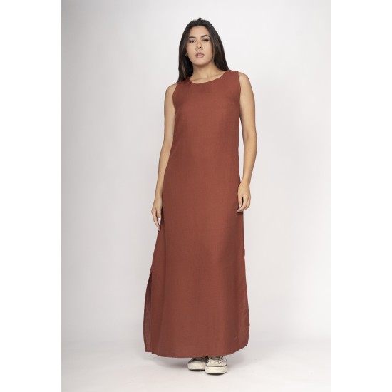Vestido Longo Linho com Viscose com Bolso Terracota