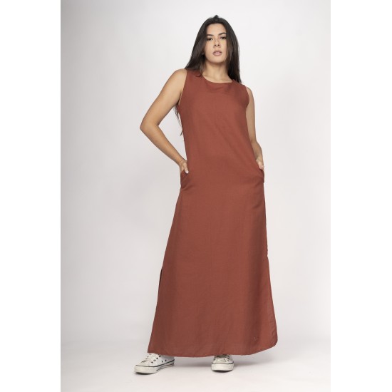 Vestido Longo Linho com Viscose com Bolso Terracota