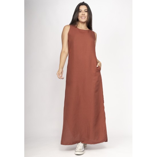 Vestido Longo Linho com Viscose com Bolso Terracota