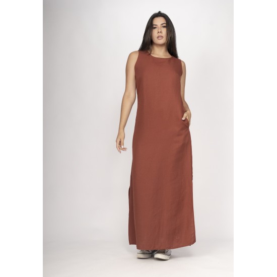 Vestido Longo Linho com Viscose com Bolso Terracota