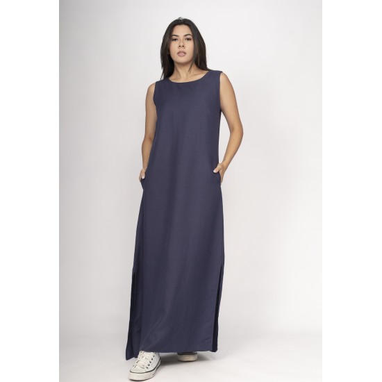 Vestido Longo Linho com Viscose com Bolso Azul Marinho