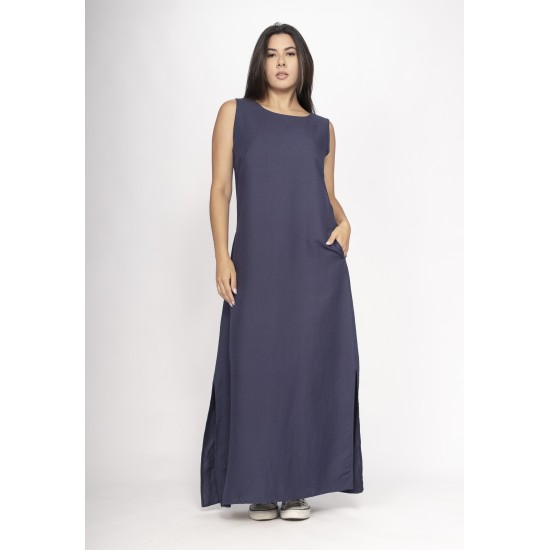 Vestido Longo Linho com Viscose com Bolso Azul Marinho