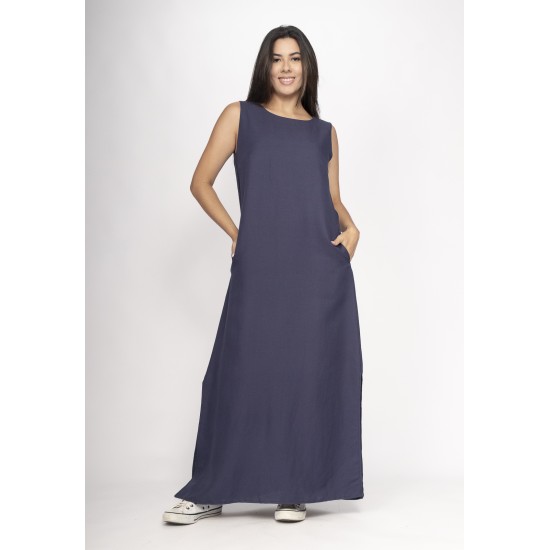 Vestido Longo Linho com Viscose com Bolso Azul Marinho