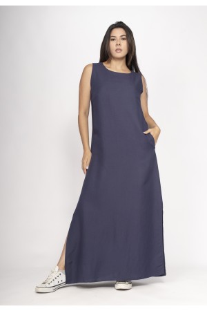 Vestido Longo Linho com Viscose com Bolso Azul Marinho