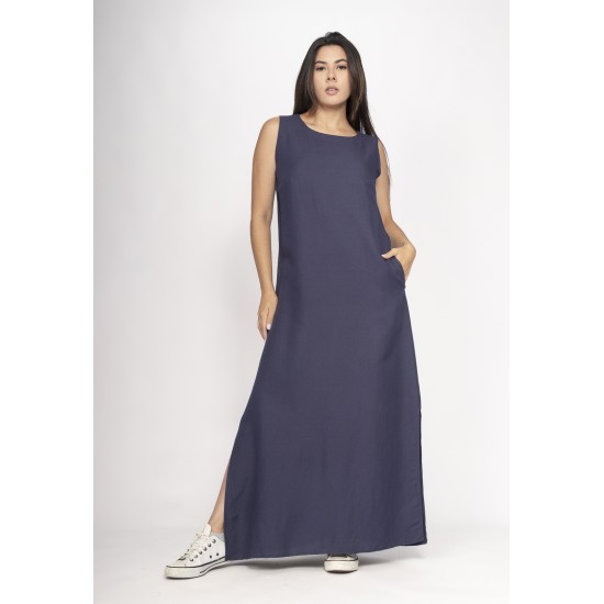Vestido Longo Linho com Viscose com Bolso Azul Marinho