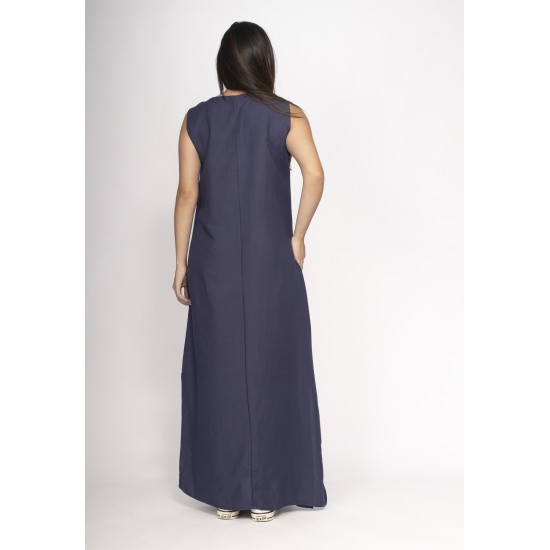 Vestido Longo Linho com Viscose com Bolso Azul Marinho