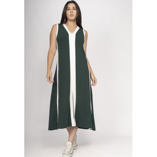 Vestido Midi Fenda Frontal Color Block Musgo