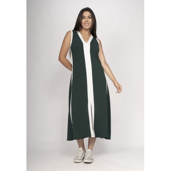 Vestido Midi Fenda Frontal Color Block Musgo