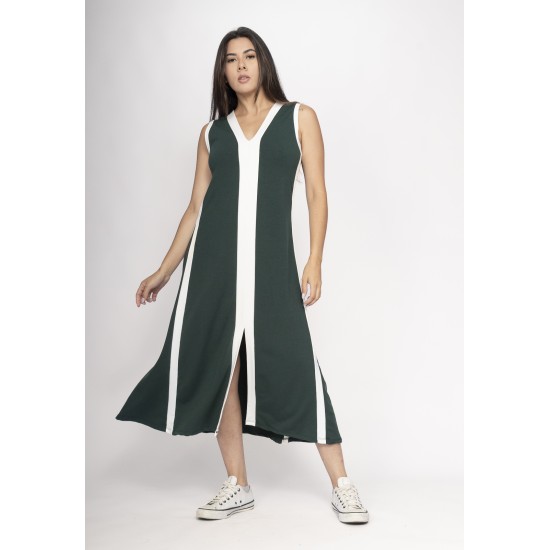 Vestido Midi Fenda Frontal Color Block Musgo