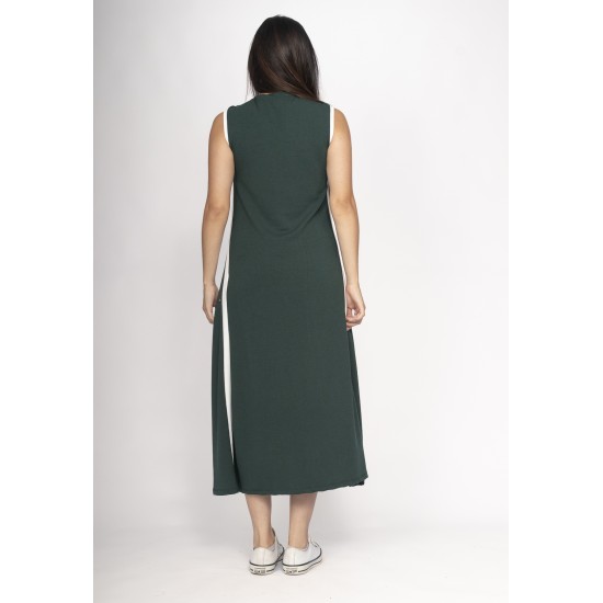 Vestido Midi Fenda Frontal Color Block Musgo