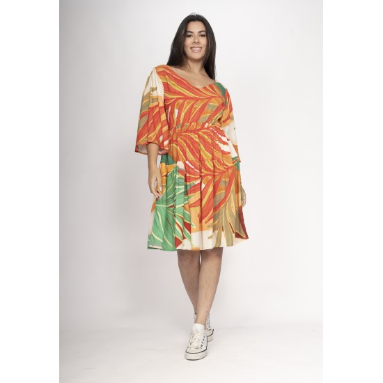 Vestido Curto Plano com Manga e Camadas Estampa Jardim do Sol