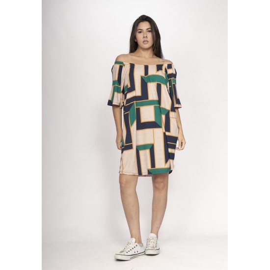 Vestido Curto Malha Ombro a Ombro Mullet Amplo Estampa Chapada de Areia