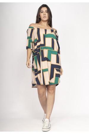 Vestido Curto Malha Ombro a Ombro Mullet Amplo Estampa Chapada de Areia