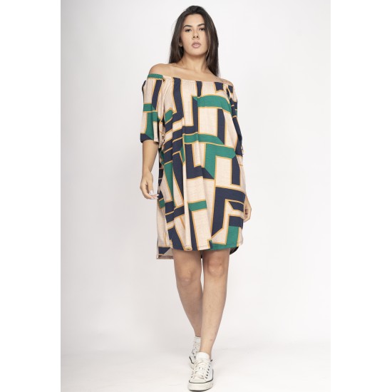 Vestido Curto Malha Ombro a Ombro Mullet Amplo Estampa Chapada de Areia