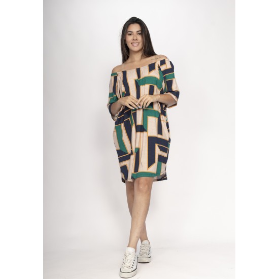 Vestido Curto Malha Ombro a Ombro Mullet Amplo Estampa Chapada de Areia