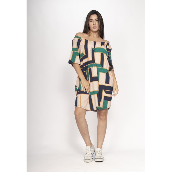 Vestido Curto Malha Ombro a Ombro Mullet Amplo Estampa Chapada de Areia