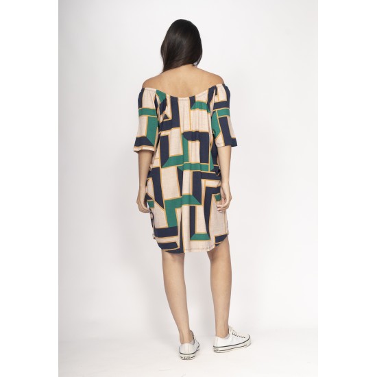 Vestido Curto Malha Ombro a Ombro Mullet Amplo Estampa Chapada de Areia