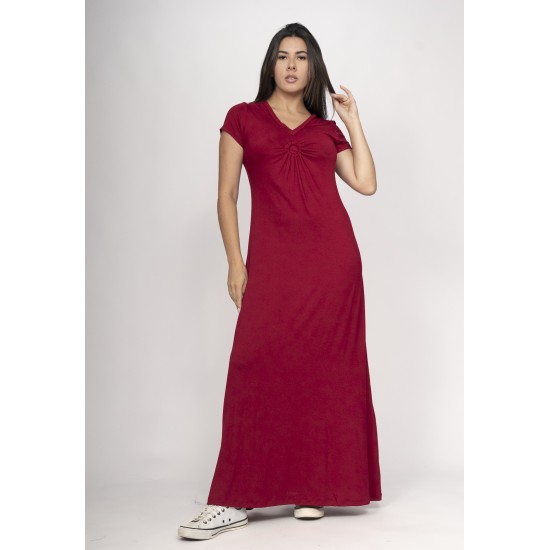 Vestido Coema Longo Malha Detalhe no Busto Bordô