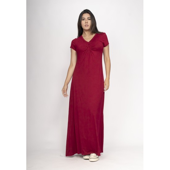 Vestido Coema Longo Malha Detalhe no Busto Bordô