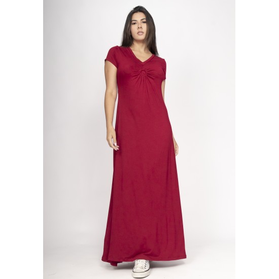 Vestido Coema Longo Malha Detalhe no Busto Bordô