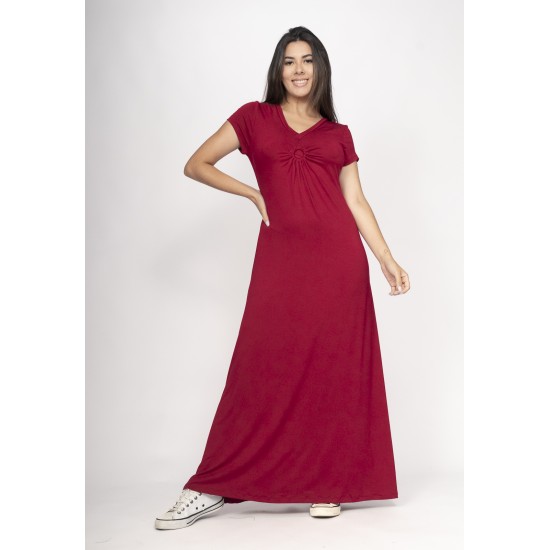 Vestido Coema Longo Malha Detalhe no Busto Bordô