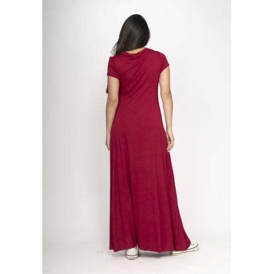 Vestido Coema Longo Malha Detalhe no Busto Bordô