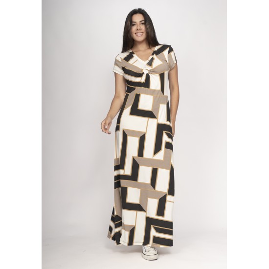 Vestido Coema Longo Malha Detalhe no Busto Estampa Igaci