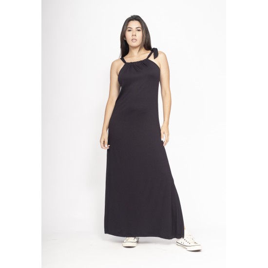 Vestido Capotira Longo Malha Alça Ajustável Preto