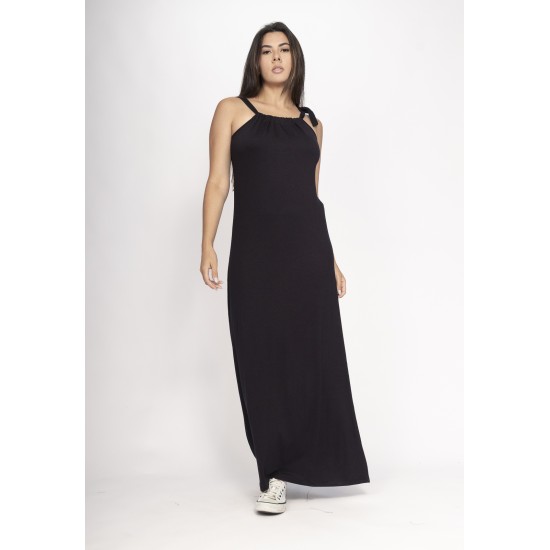 Vestido Capotira Longo Malha Alça Ajustável Preto