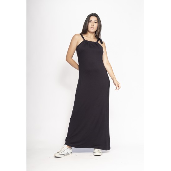 Vestido Capotira Longo Malha Alça Ajustável Preto