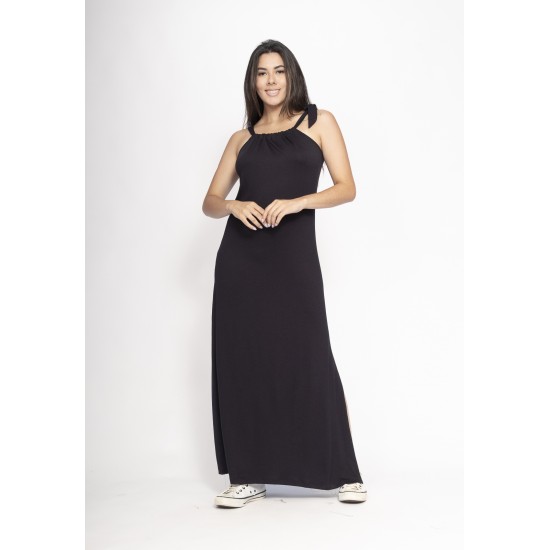 Vestido Capotira Longo Malha Alça Ajustável Preto