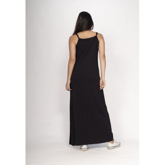 Vestido Capotira Longo Malha Alça Ajustável Preto