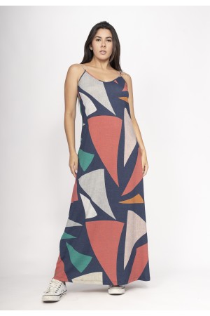Vestido Guaíra Longo Malha Alça Fina Geometrias do Tempo