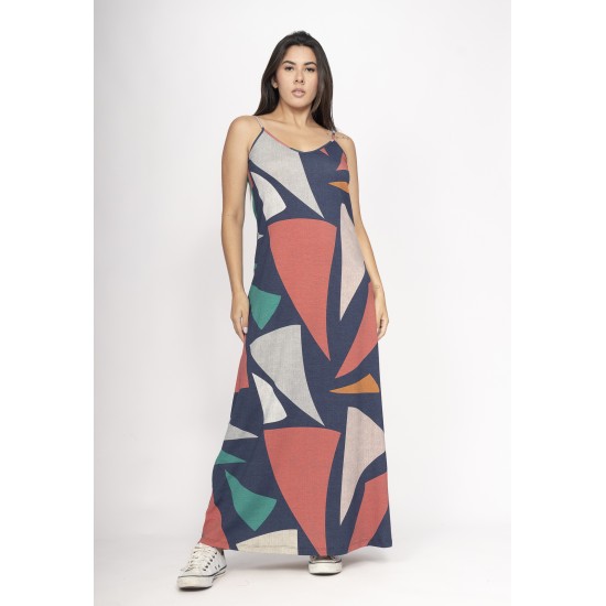 Vestido Guaíra Longo Malha Alça Fina Geometrias do Tempo