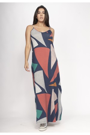 Vestido Guaíra Longo Malha Alça Fina Geometrias do Tempo