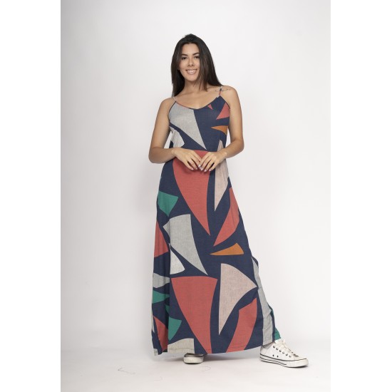 Vestido Guaíra Longo Malha Alça Fina Geometrias do Tempo