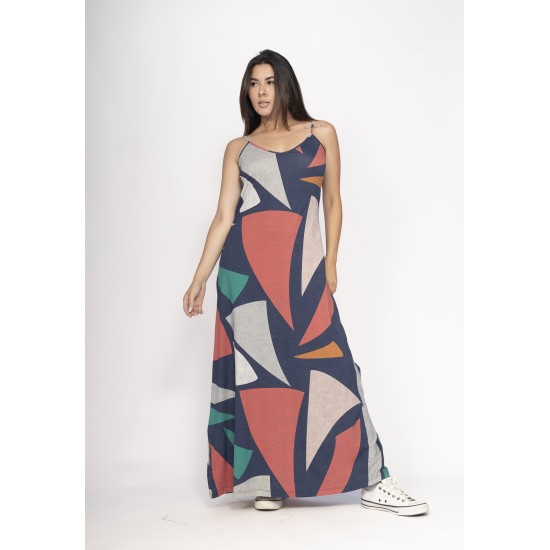 Vestido Guaíra Longo Malha Alça Fina Geometrias do Tempo