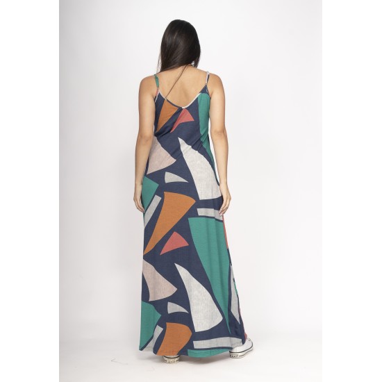 Vestido Guaíra Longo Malha Alça Fina Geometrias do Tempo