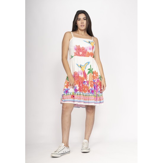 Vestido Curto Alça Fina Estampa Raízes em Festa