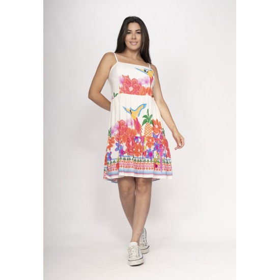 Vestido Curto Alça Fina Estampa Raízes em Festa
