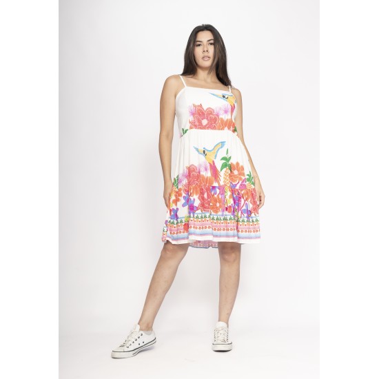Vestido Curto Alça Fina Estampa Raízes em Festa