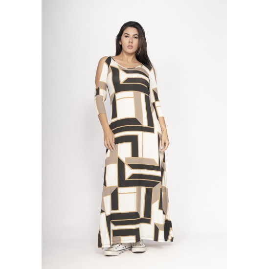 Vestido Boyrá Longo Malha Detalhe na Manga Estampa Igaci