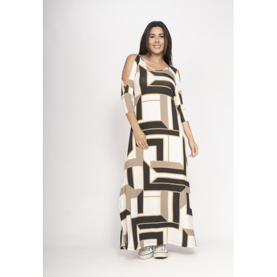 Vestido Boyrá Longo Malha Detalhe na Manga Estampa Igaci