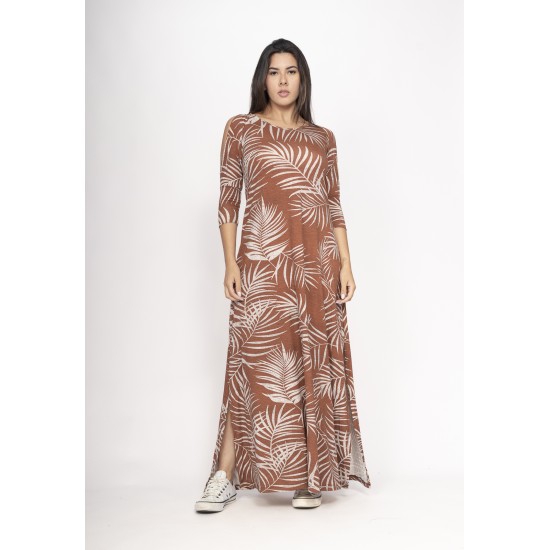 Vestido Boyrá Longo Malha Detalhe na Manga Estampa Palmas da Terra
