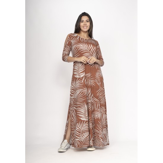 Vestido Boyrá Longo Malha Detalhe na Manga Estampa Palmas da Terra