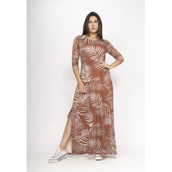 Vestido Boyrá Longo Malha Detalhe na Manga Estampa Palmas da Terra