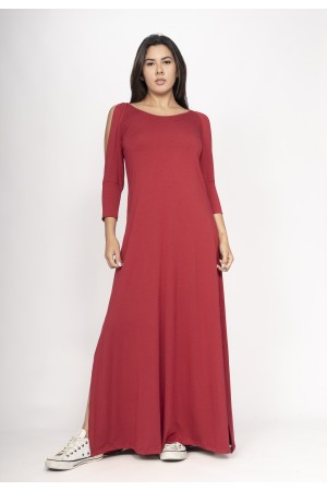 Vestido Boyrá Longo Malha Detalhe na Manga Bordô